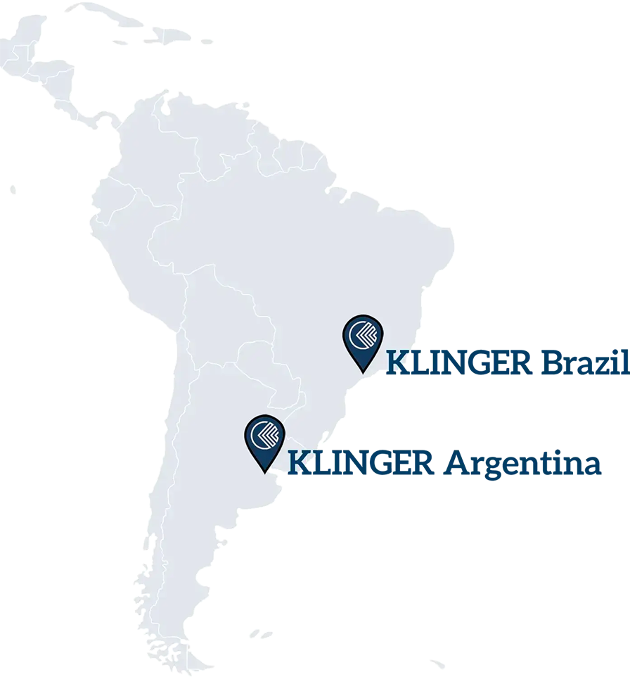 Mapa con corresponsales de KLINGER en Brasil y Argentina para artículo sobre válvulas de pistón