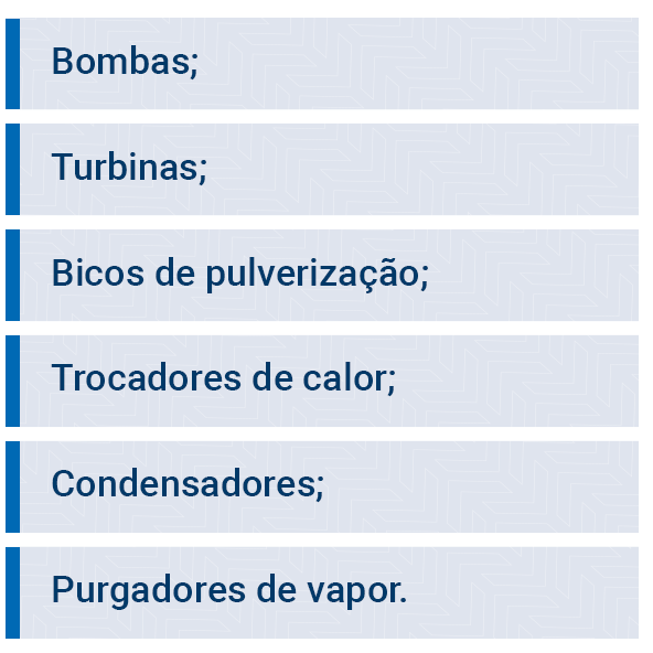 pumps; turbines; spray nozzles; Heat exchangers; capacitors; steam traps.